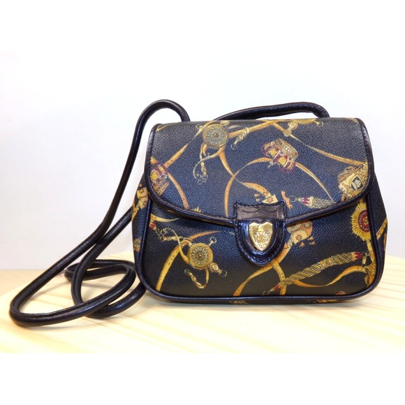 Vintage Mark Cross Equestrian Crossbody‎ Purse Black w/ Equestrian Print Small